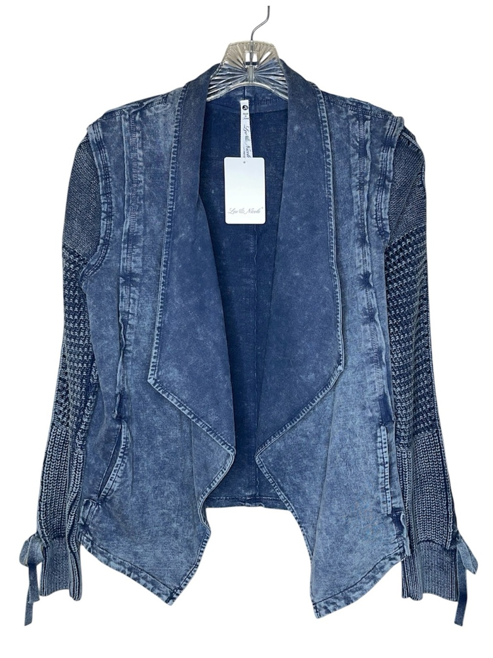 Leo and Nicole Denim-Look Knit Draped Cardigan - Blue Sz S - Picture 2 of 8